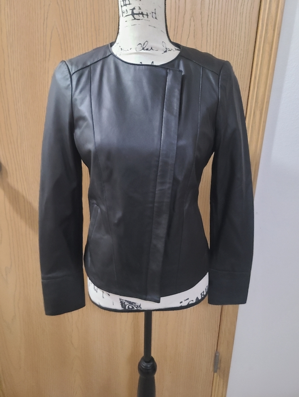 Ecru Black Lamb Leather Bikercore Mobwife Moto Jacket Zipper Blazer - Picture 2 of 6